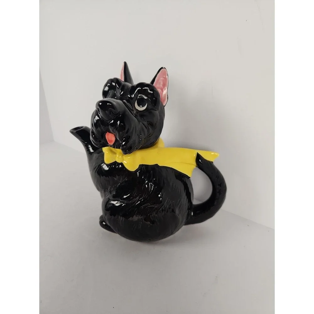 Vtg 1950s Norcrest Japan Black Scottie Dog Teapot 7670 Yellow Bow Ceramic Rare